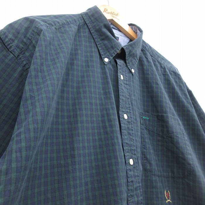 XL/古着 トミーヒルフィガー 半袖 ブランド シャツ メンズ 90s ワンポイントロゴ 大きいサイズ コットン ボタンダウン 紺 ネイビー タータ