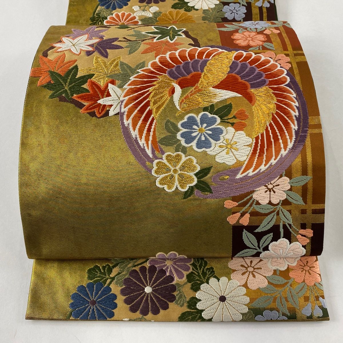 16887円 高価な購入 【極美品】袋帯 六通 上品な金色 色とりどりの花と ...
