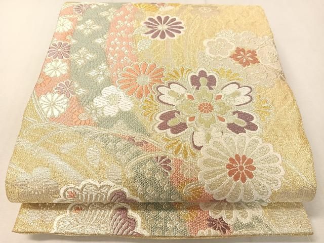 平和屋着物▽両面 六通柄袋帯 唐織 立波花丸文 金銀糸 正絹