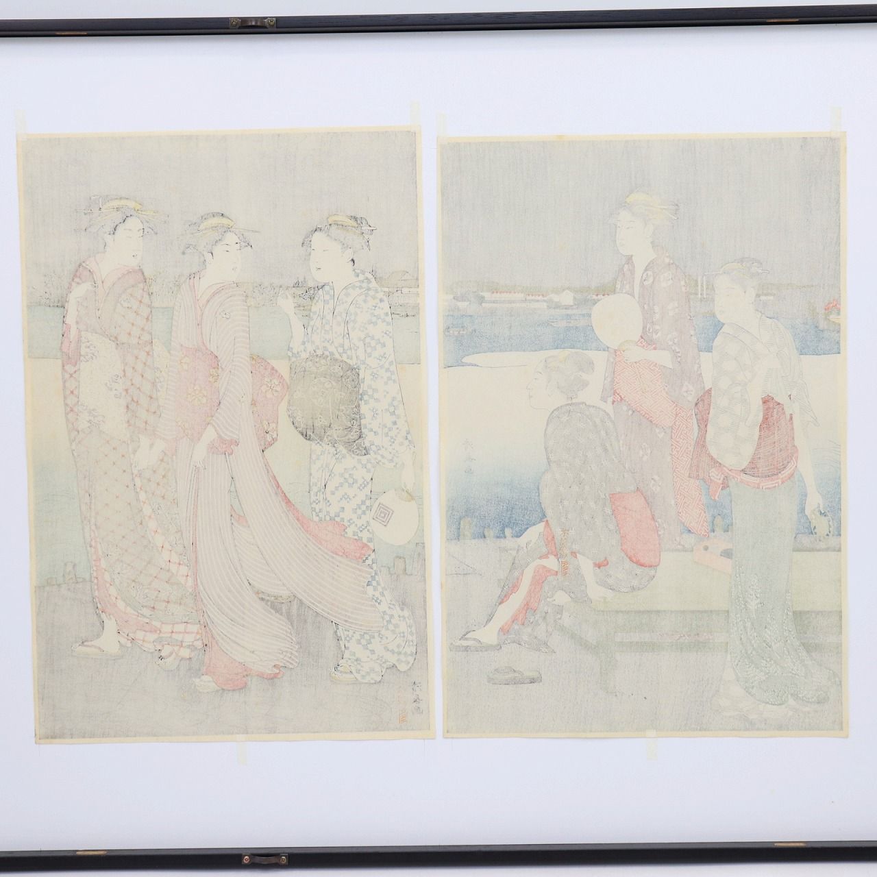 アダチ版 浮世絵 木版画 清長画 美人画 二枚組 額装品 中古
