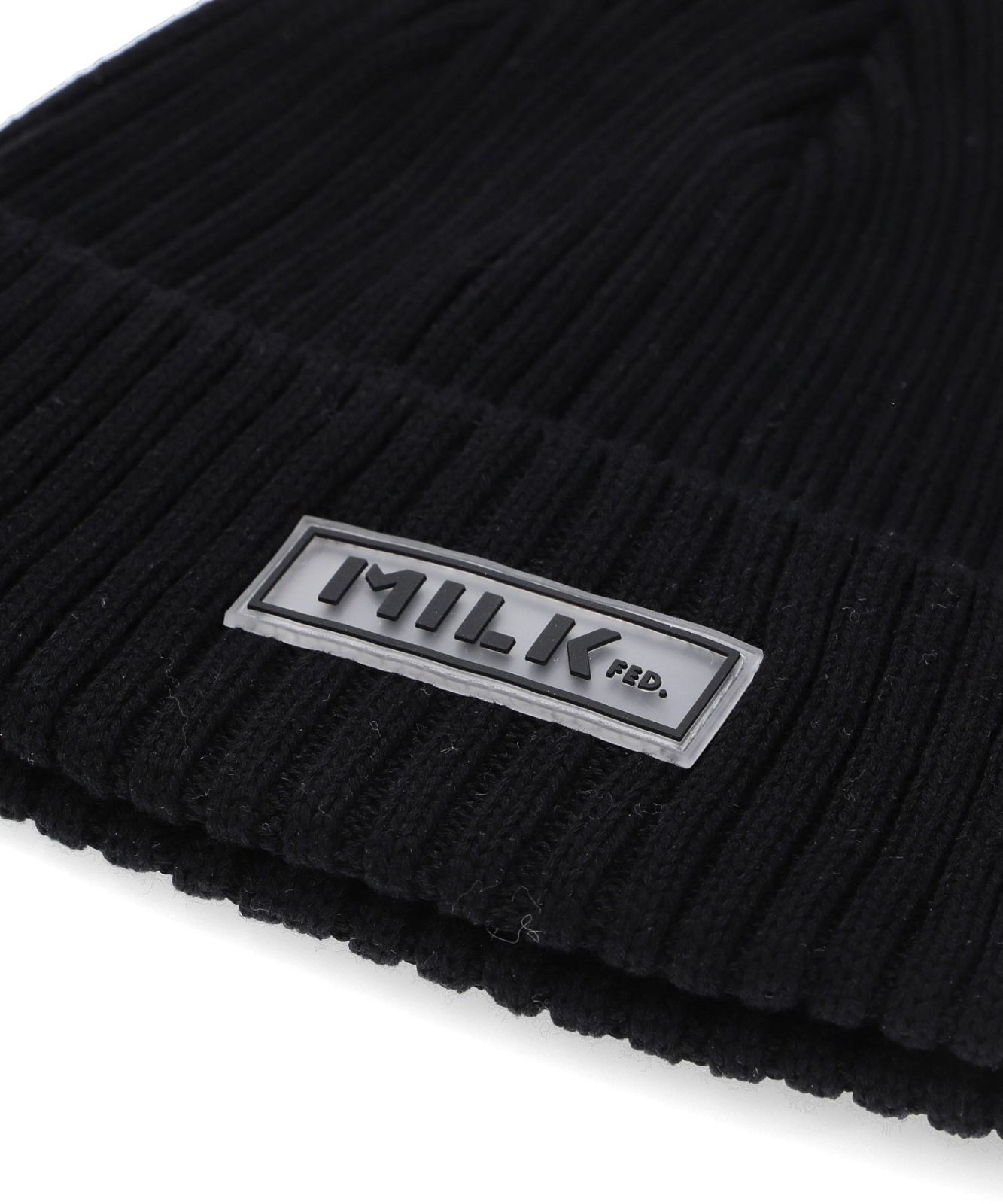 ニットキャップ ビーニー 帽子 ミルクフェド MILKFED RUBBER PATCH KNIT CAP 103243051001 レディース メンズ ニット帽 ブラック 黒 防寒 milkfed ブランド おしゃれ 可愛い シンプル ロゴ くろ