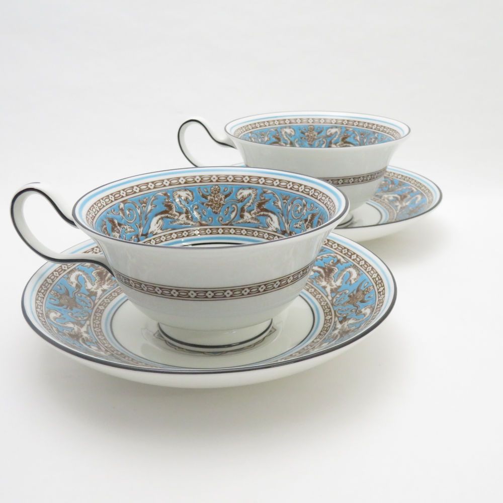 美品 WEDGWOOD ウェッジウッド フロレンティーンターコイズ ティーカップ＆ソーサー 2客 ピオニー ペア 壺ロゴ SY9940J 