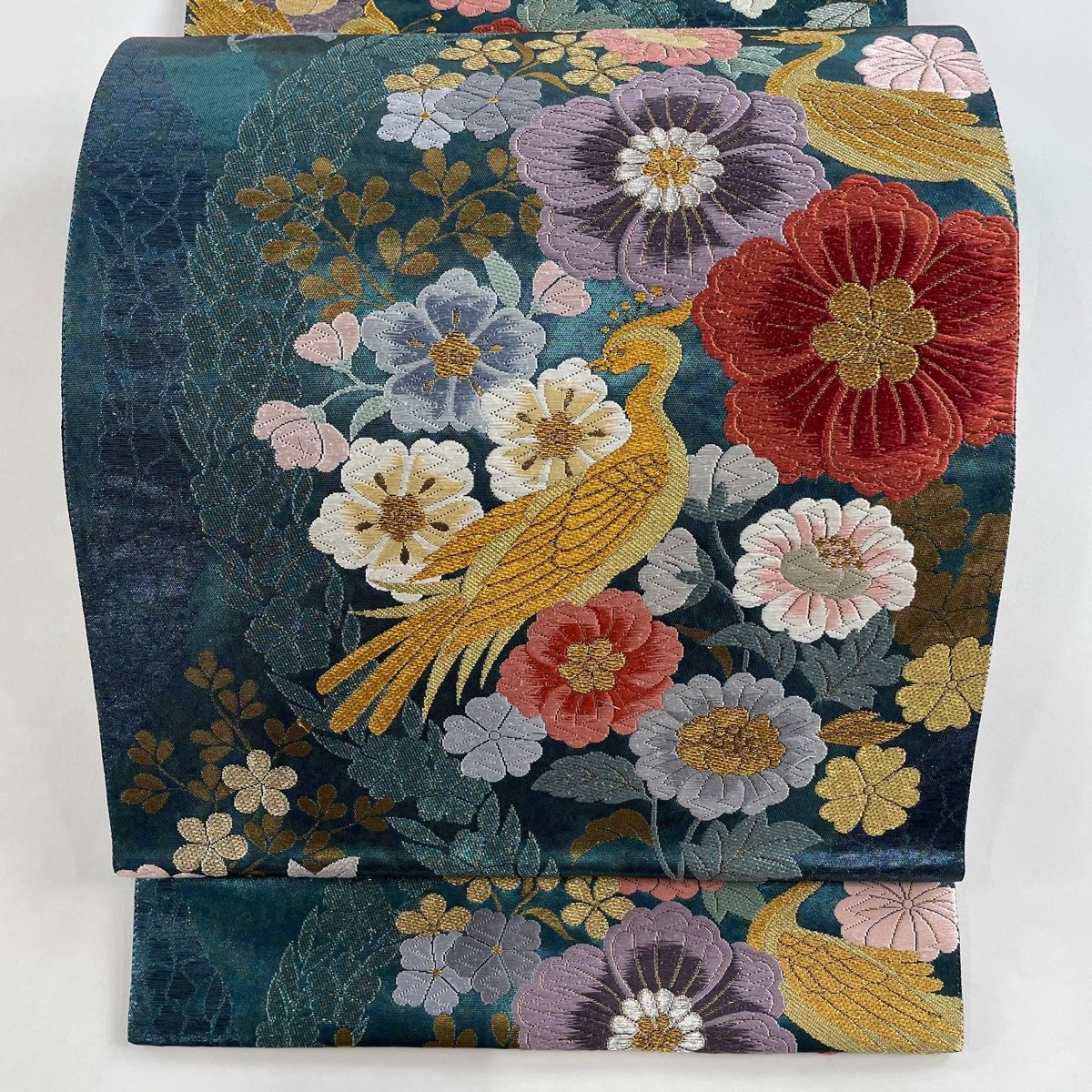袋帯 美品 秀品 お太鼓柄 正絹 袋帯 美品 秀品 山 霞 箔 藍色 お太鼓柄 正絹 中古