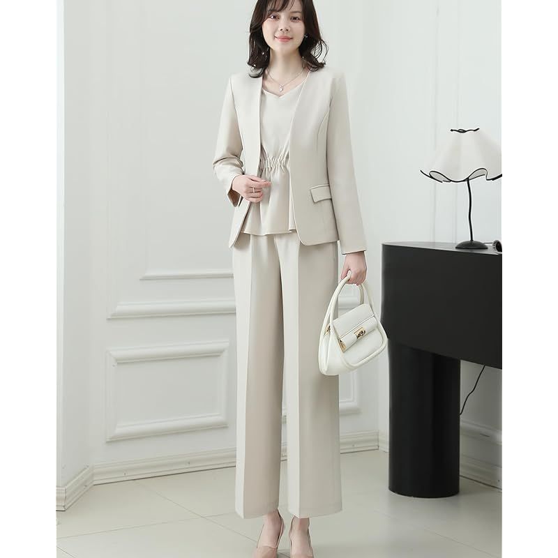 Yino イノ セットアップ 3点セット レディース パンツスーツ ジャケット ブラウス ワイドパンツ 体型カバー 洗える スーツ 着 せ おしゃれ 女性らしい ママ 通勤 入学式 卒業式 面接 1