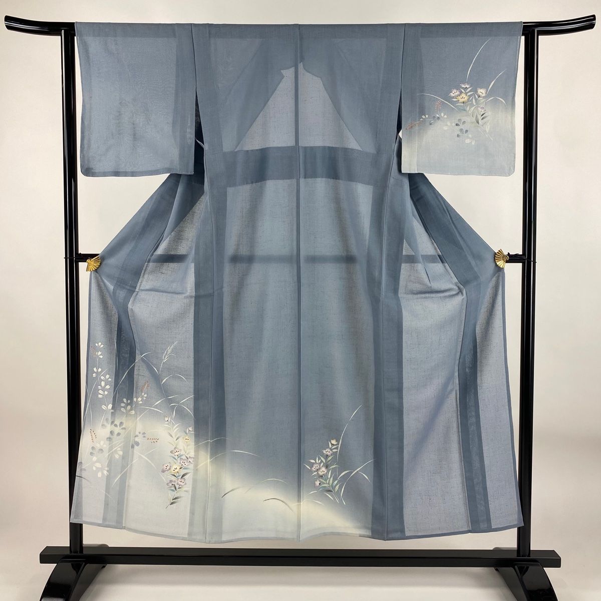 付下げ 身丈152cm 裄丈62cm S 薄物 夏紬地 萩 桔梗 銀彩 ぼかし 青灰色 正絹 秀品