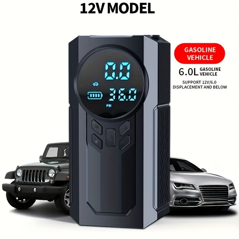 JKUOO 5-in-1 携帯用カー スターターと空気圧縮機 150PSI デジタル タイヤ インフレーター 8000mAh ワイヤレス充電リチウムポリマーバッテリー 多機能ミニ タイヤ インフレーター LED 緊急照明付き 自動運転 ABS 素材 USB