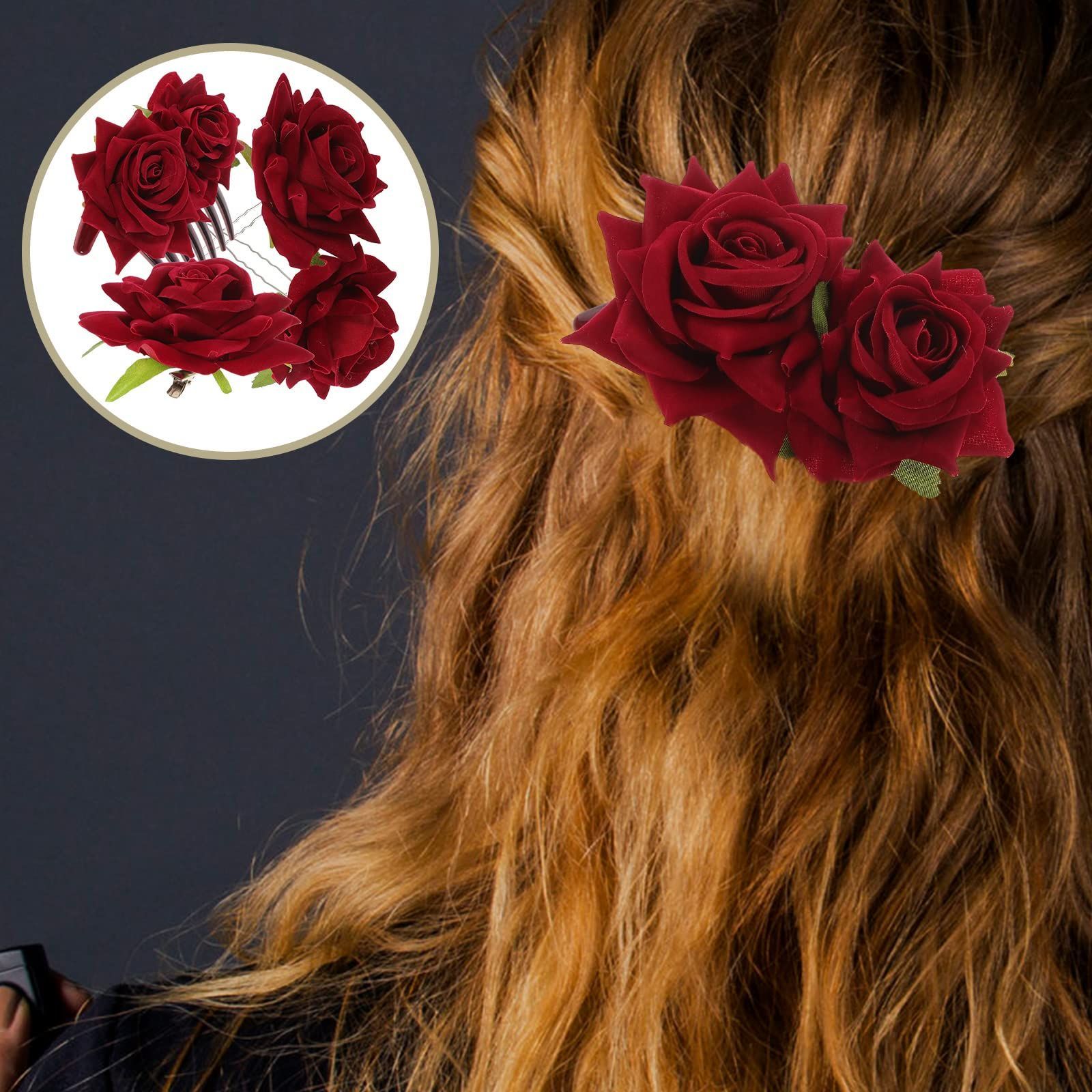 折り薔薇のヘアピン 共通 4本セット(赤、シルバーピン)