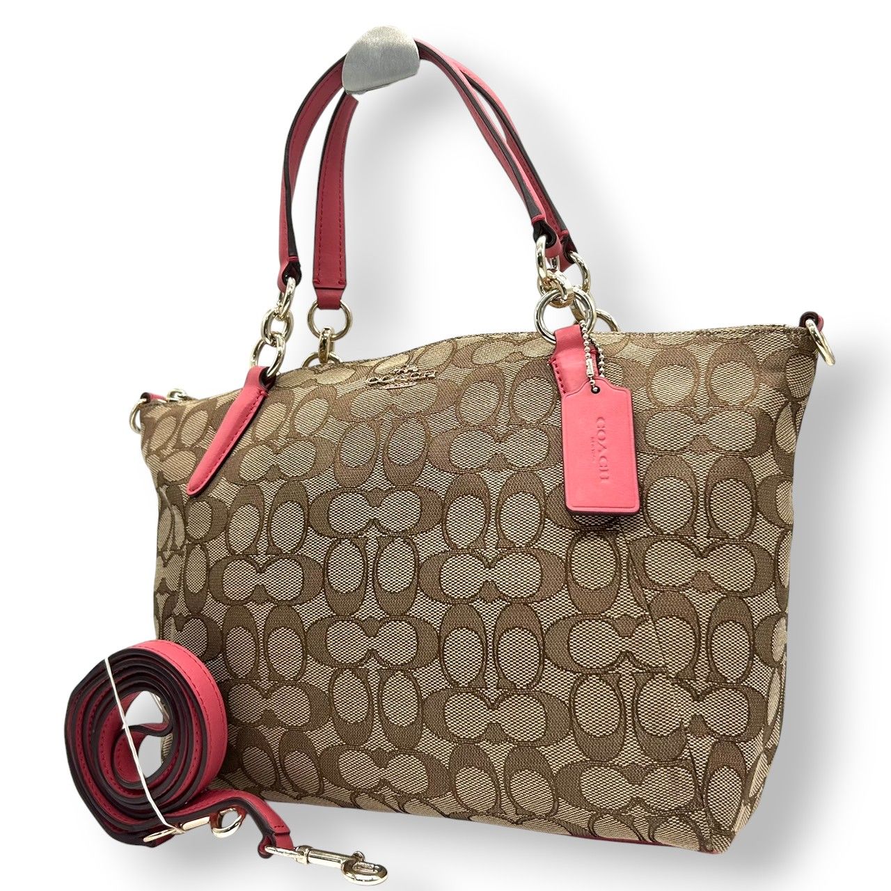 コーチ トートバッグ シグネチャー キャンバス レザー F58283 ブラウン ピンク 2WAY ハンドバッグ ショルダーバッグ 斜め掛け可 A4収納可 レディース 通勤 通学 チャーム付き フェミニン エレガント クリーニング済み E2