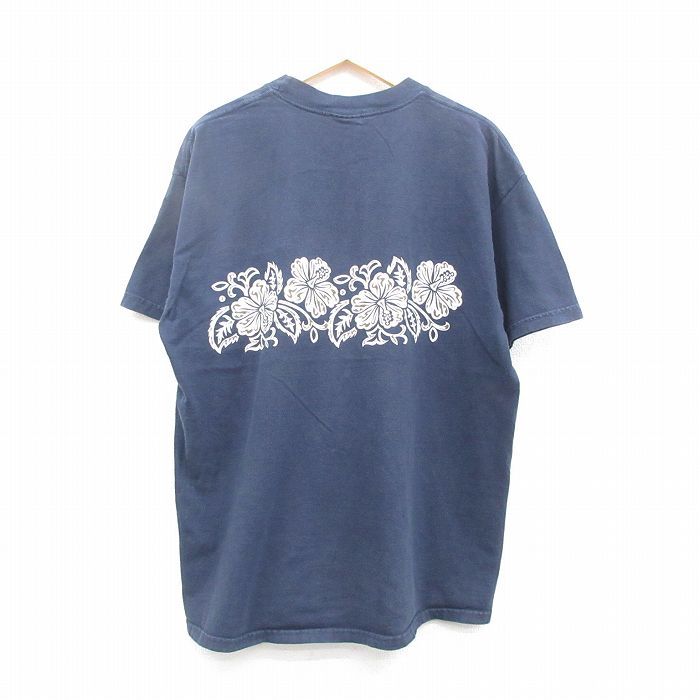 XL/古着 ノーフィア 半袖 ビンテージ Tシャツ メンズ 00s ハイビスカス コットン クルーネック 紺 ネイビー 24may30 中古