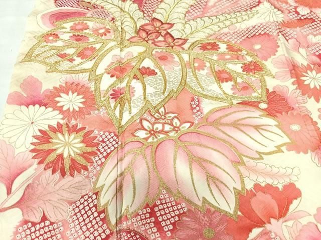 振袖　アンティーク　金駒刺繍　金彩　華紋　成人式 晴れの日 着物 045a p 平和屋着物□豪華振袖 駒刺繍 草花文 金彩 正絹 逸品 CAAU6698xe