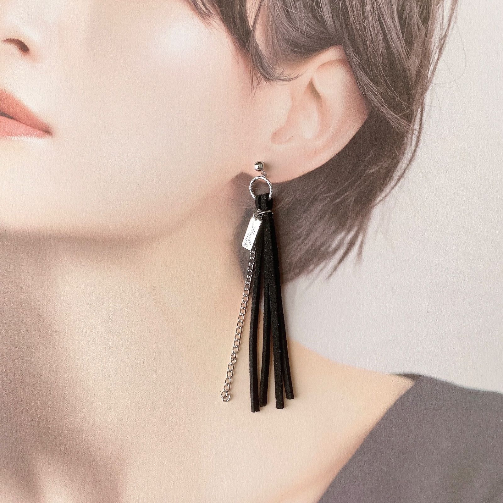 ロングタッセル チェーン 赤 黒 ピアス イヤリング イヤカフ シルバー