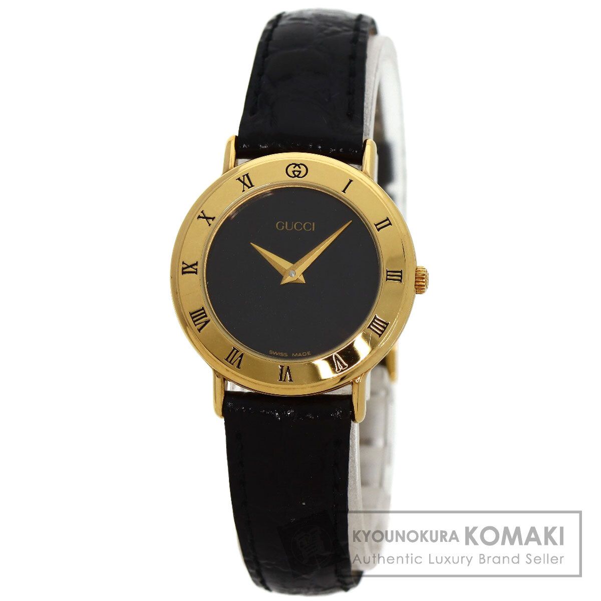 GUCCI グッチ 3000.2.L ラウンドフェイス 腕時計 GP 革 レディース