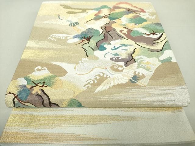 平和屋着物●爪掻き本綴れ　太鼓柄袋帯　立波飛鶴松文　金銀糸　正絹　逸品　DAAS3587ps 平和屋着物○爪掻き本綴れ 太鼓柄袋帯 立波飛鶴松文 金銀糸 正絹 逸品