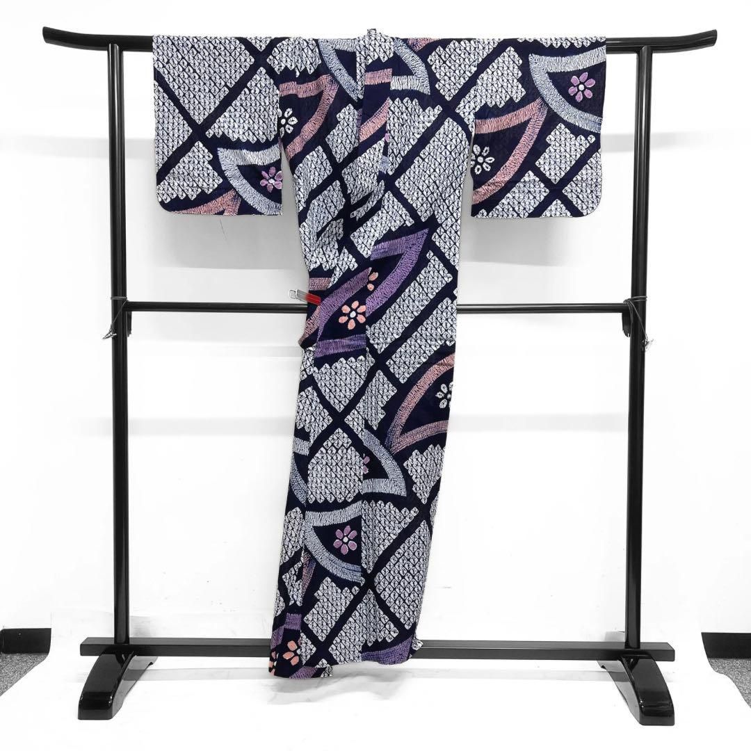 浴衣 有松鳴海絞り 藍染 花模様 板締め 格子 抽象模様 着物 035a d