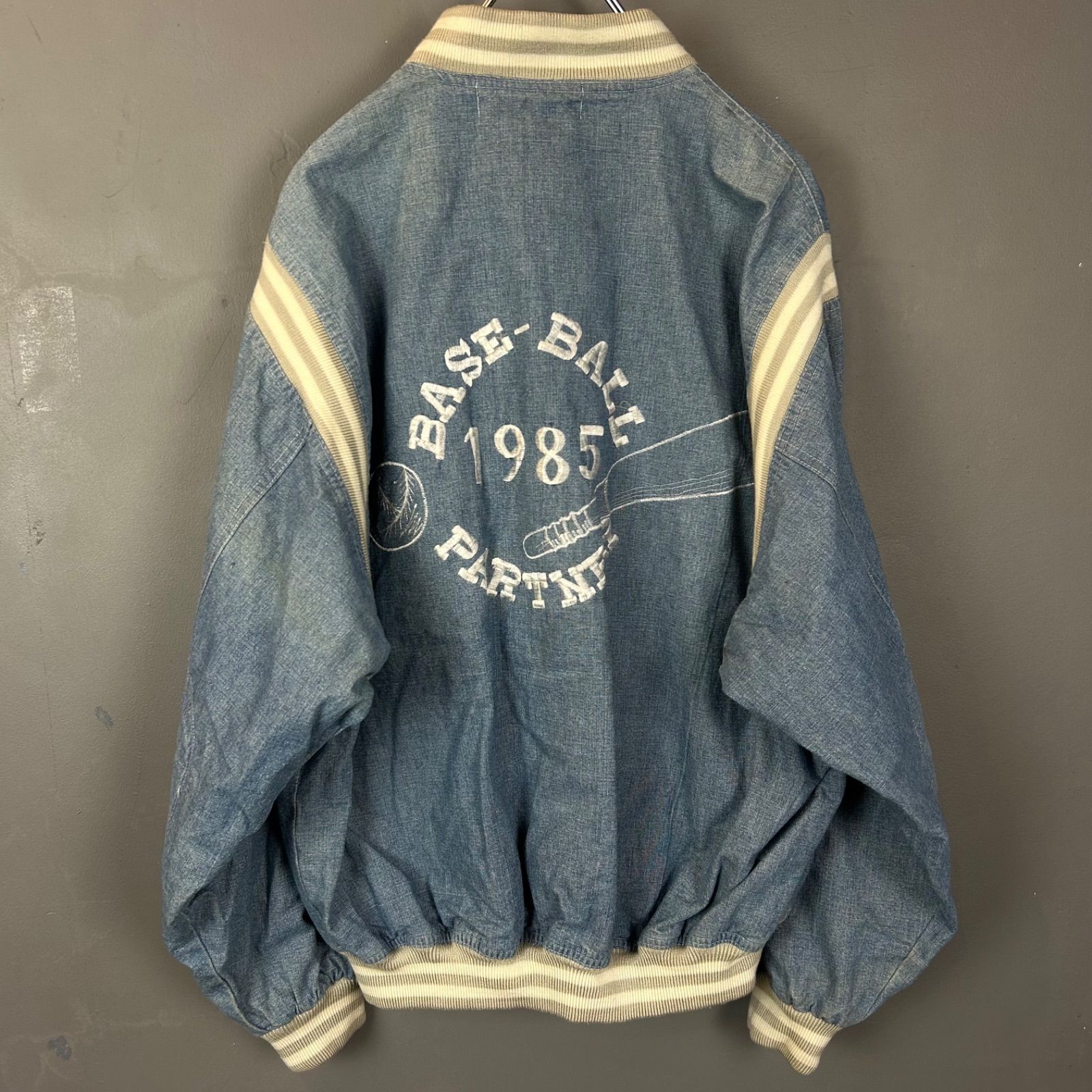 90s Vintage Denim Chambray Logo Embroidery Stadium Jacket 