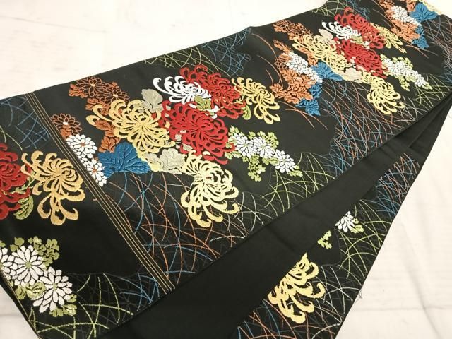 平和屋着物◎六通柄京袋帯 唐織 乱菊 黒地 正絹 逸品 AAAY8535yx