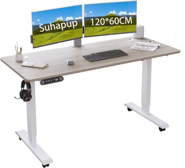 Suhapup 昇降デスク電動式 パソコンデスク 120×60CM 電動昇降式スタンディングデスクつくえ pcデスク 高さ調節メモリー機能付き 高さ71~117CM 高さ調節 ブラウン
