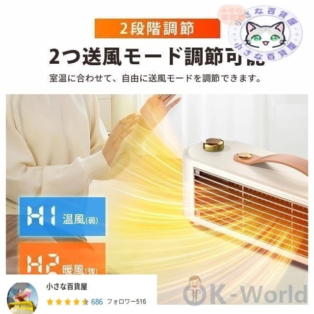 セラミックヒーター 小型 速暖 省エネ おしゃれ ヒーター 足元 ミニセラミックヒーター オフィス 卓上 2段階切替 過熱保護 転倒自動OFF 安全 MARWIL-DEMENAGEMENTS_CH