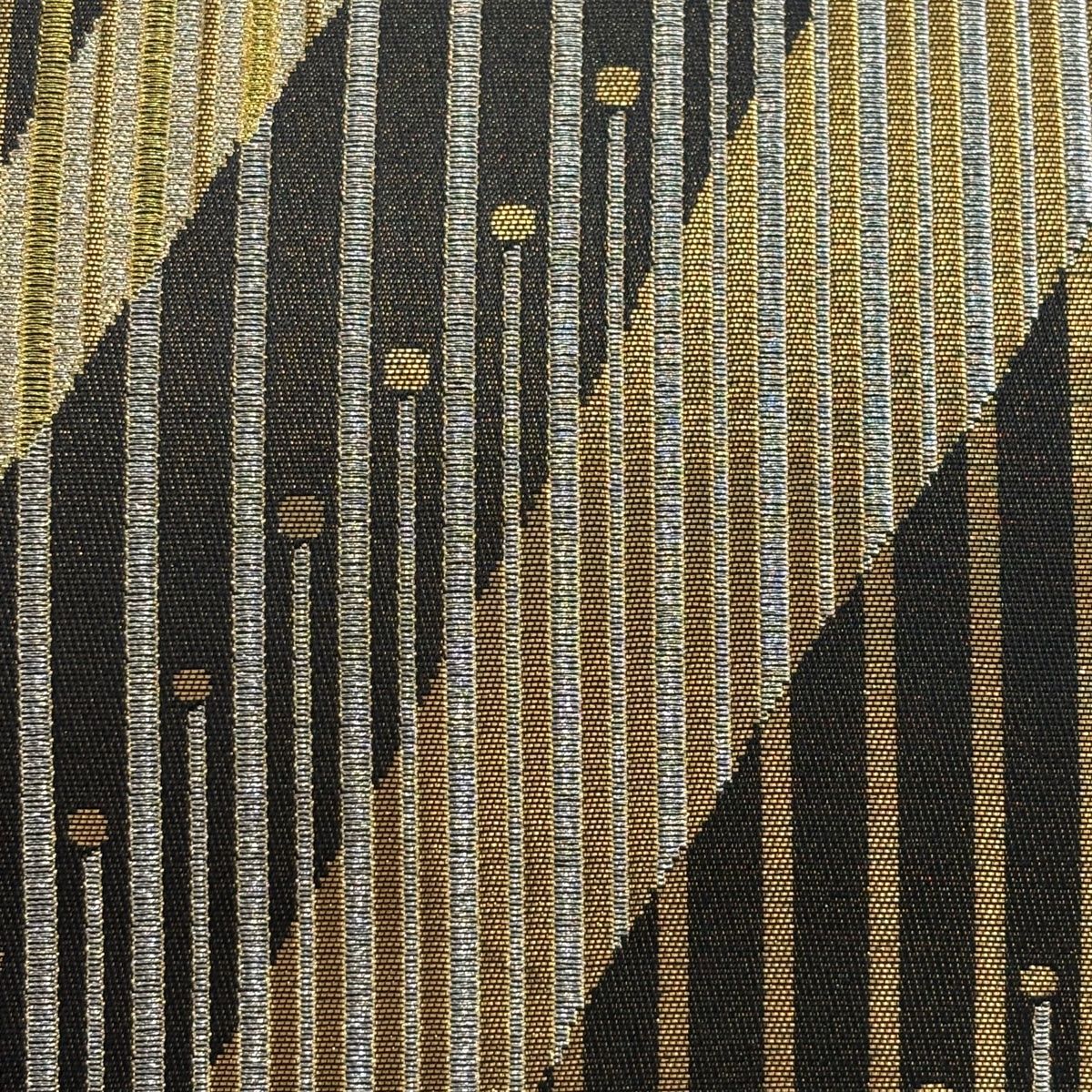 袋帯 美品 秀品 縞 幾何学模様 箔 金銀糸 焦茶色 六通 正絹