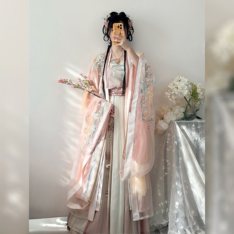 新品未使用 【蝶恋花語】齊腰漢服 大袖衫 + 吊り帯付き百褶裙 漸變繍花 