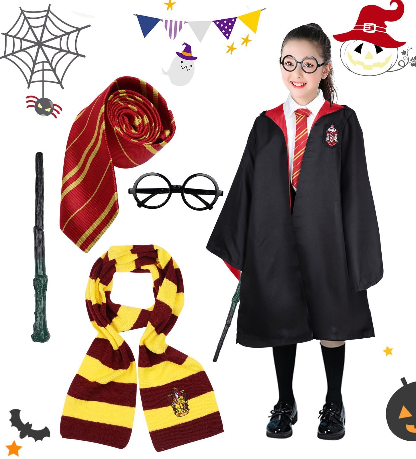 子供用 ハロウィン 仮装 キッズコスチューム ローブ 眼鏡 コスプレ ネクタイ マフラー 魔法の杖 5点セット 子供コスプレ ハリーポッター 衣装 パーティー クリスマス 学園祭 [ｙ∞ｙｏｉｙａ