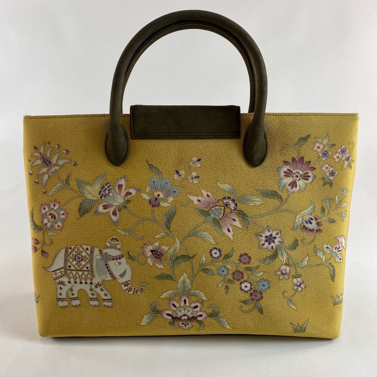 和装バッグ 美品 逸品 OKAJIMA 象 草花 金彩 縮緬 からし色 正絹
