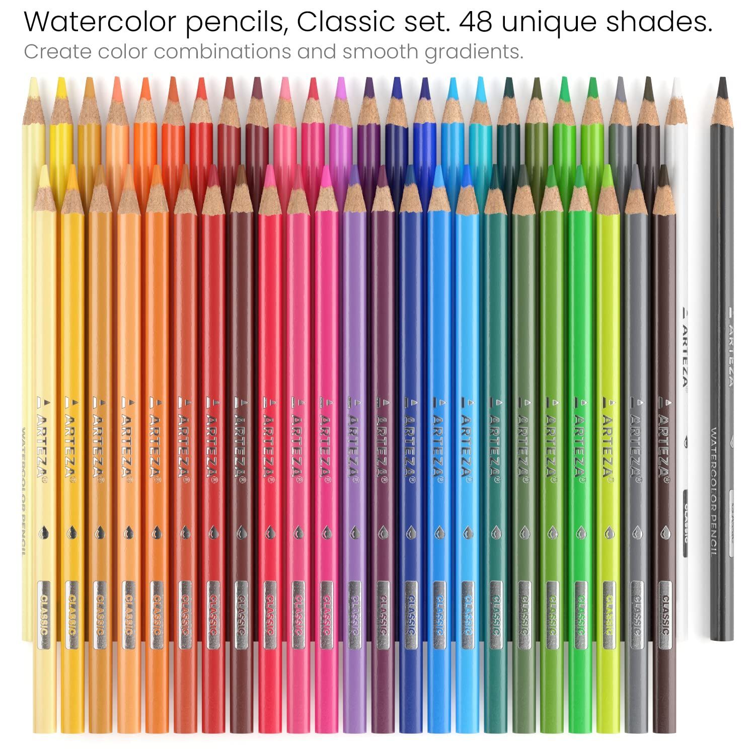 Arteza水彩色鉛筆、48色セット、削り済みの三角形の色鉛筆、ドローイング、スケッチ、ペイント用、お子様から大人まで
