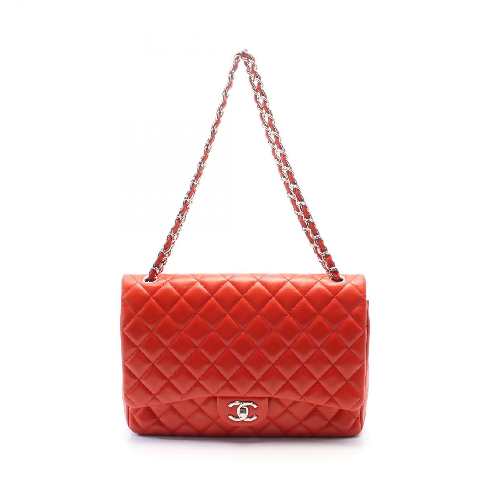 シャネル CHANEL ショルダーバッグ マトラッセ34 クラシックマキシ Wフラップ A58601 レッド ラムスキン 羊革 デカマトラッセ チェーンショルダー レディース Used B