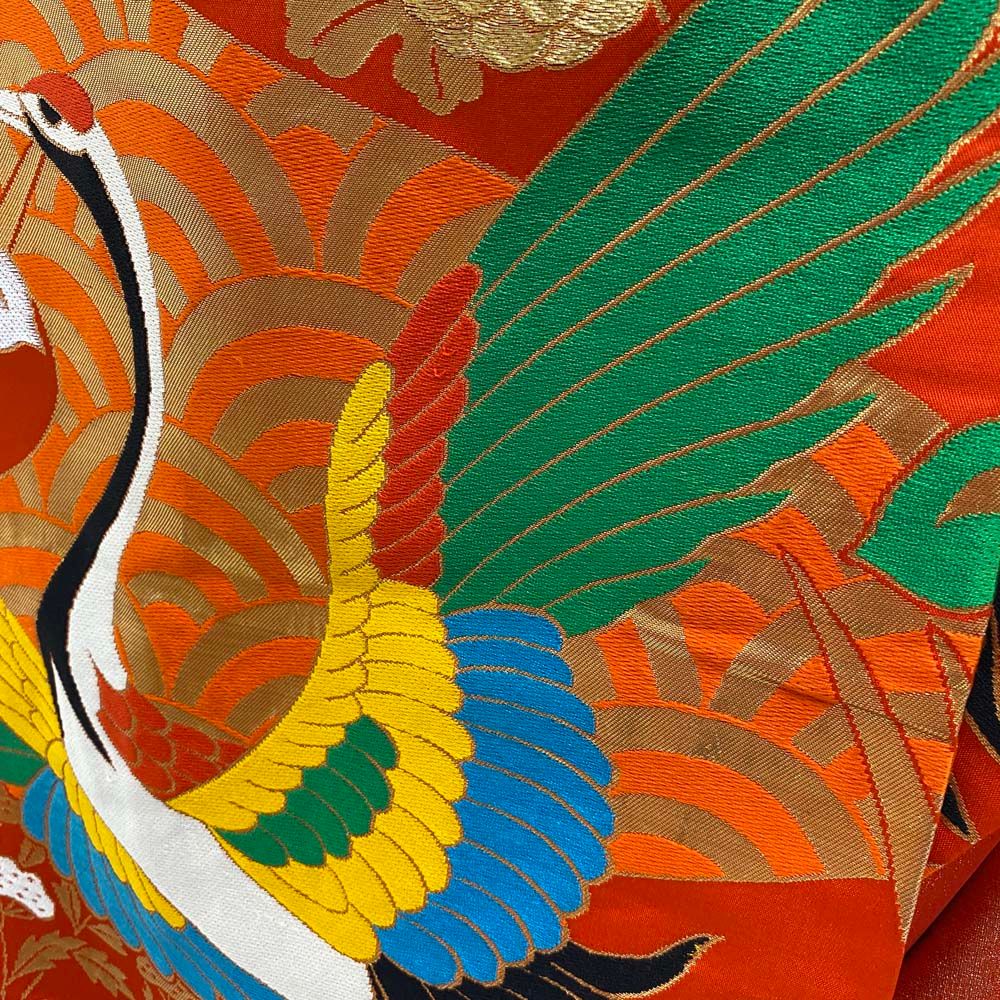 色打掛 正絹 菊 鶴 刺繍 金 オレンジ 打掛 花嫁衣裳 婚礼 リサイクル  