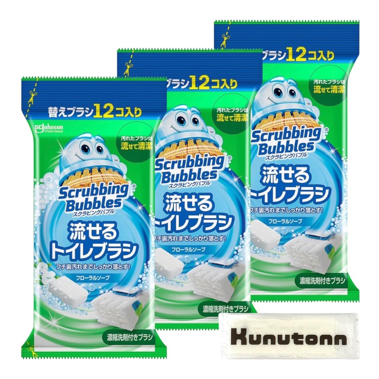 スクラビングバブル トイレ掃除 流せるトイレブラシ 詰め替え12個入 フローラルソープの香り 3個セット + Kunutonnオリジナルロゴ入りhおしぼり付 [詰め替え12個入り 3個セット]