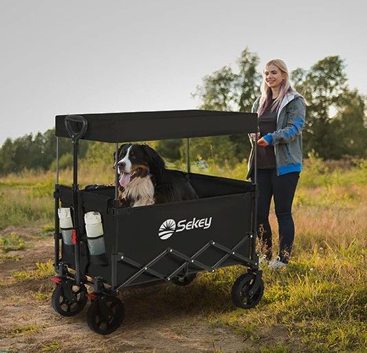 Sekey キャリーワゴン屋根付き タイヤ外せる折畳んで移動可能 大容量150L 耐荷重100kg 軽量 簡単組立 ワンタッチ収束 静音 アウトドアワゴン キャンプ・花見・運動会 カラー：ブラック/ベージュ