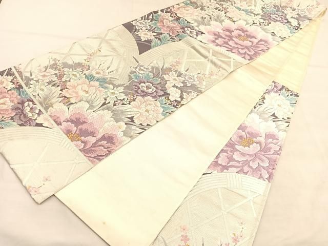 H-617 袋帯 正絹 六通 唐織 銀糸 菊 牡丹 七宝 亀甲柄 H-617 袋帯 正絹 六通 唐織 銀糸 菊 牡丹 七宝 亀甲柄 着物・浴衣