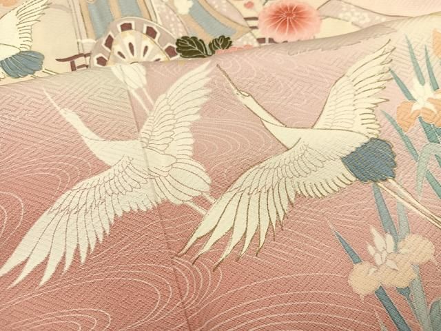 平和屋着物□訪問着 群鶴草花文 暈し染め 金彩 正絹 逸品