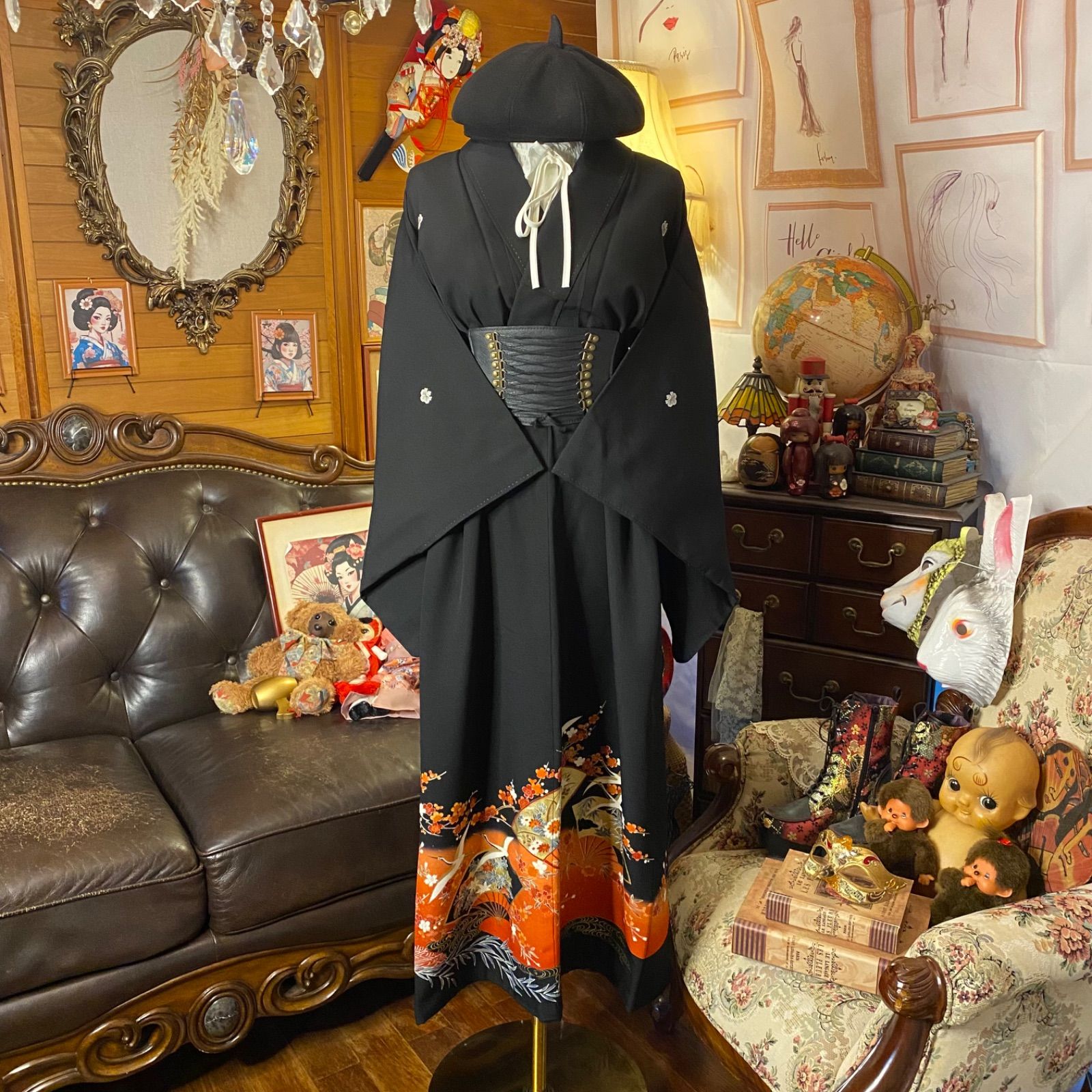 黒留袖 着物 リメイク ワンピース ロングドレス 和洋折衷 洗える 化繊 ハンドメイド レトロ 古着 扇面×梅×鶴が舞う 橙~朱 TKW-87