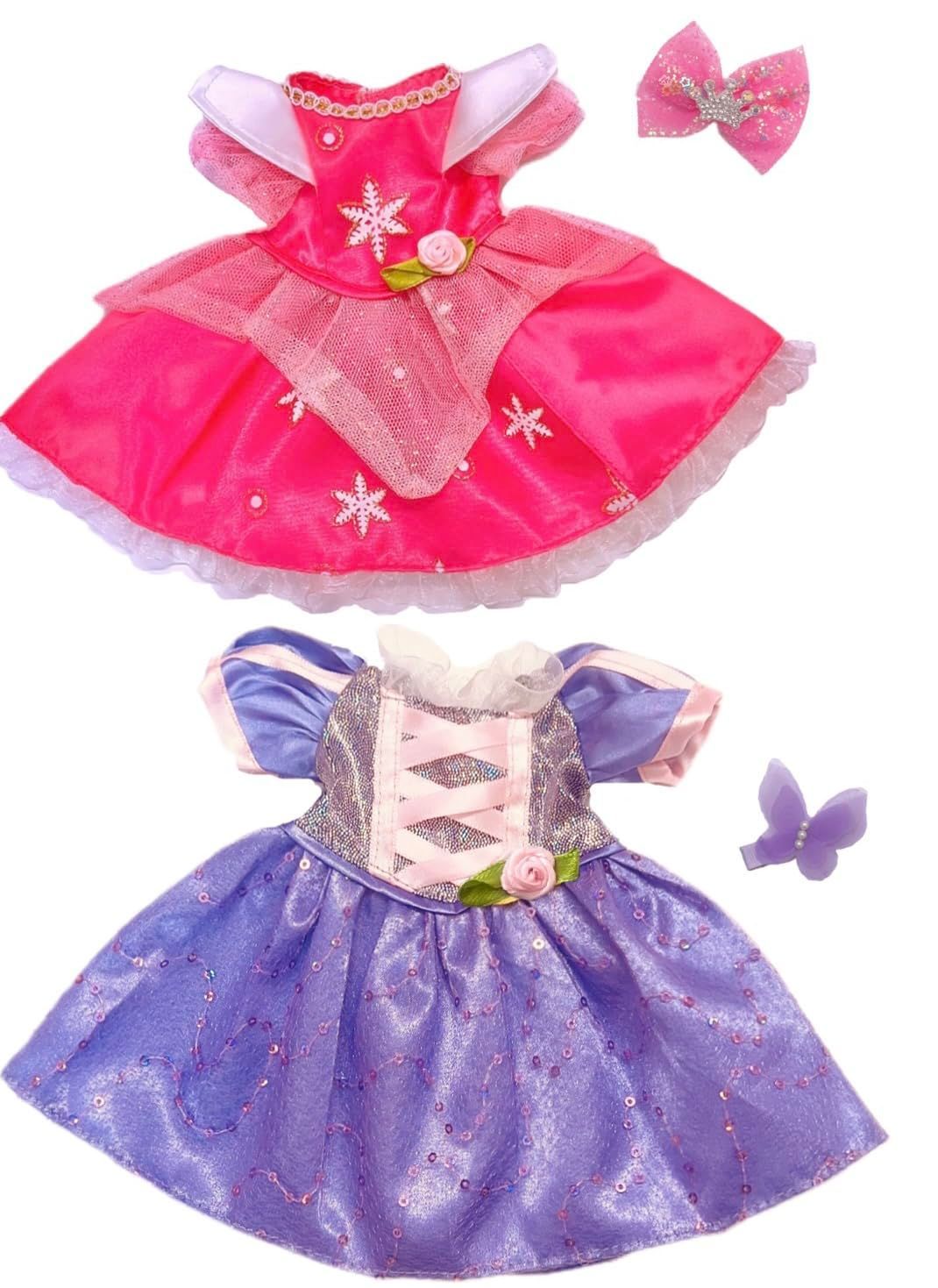 在庫処分人形用洋服 着せ替え服 ソランちゃん服と通用サイズ レミンちゃん服 お友達人形など着られるドレスプリンセスドレス2点セット 25～26前後人形用洋 紫＆ピンク