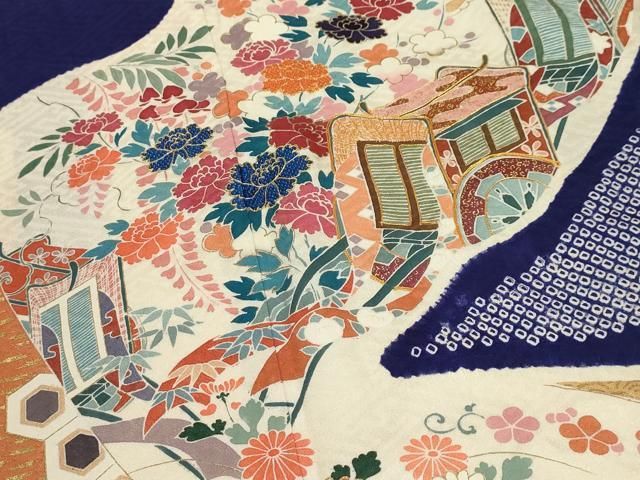 【古典柄］逸品　振袖　成人式◽️御所車松扇文◽️金駒刺繍◽️金彩◽️白地限定品手描き KH-343】金彩、金駒刺繍を施した伝統古典振袖