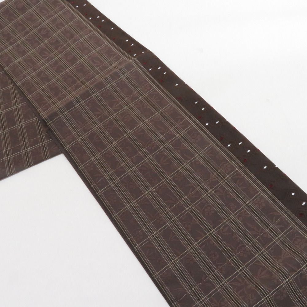 袋帯 松竹梅唐草 正絹 茶色 六通柄 仕立て上がり カジュアル 着物帯 長