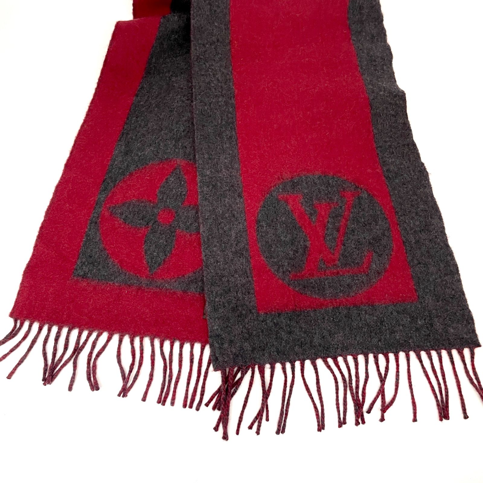 展示品レベル ルイヴィトン エシャルプ カーディフ マフラー ウール アンゴラ 秋冬 男女兼用 ユニセックス レッド×グレー 8211
