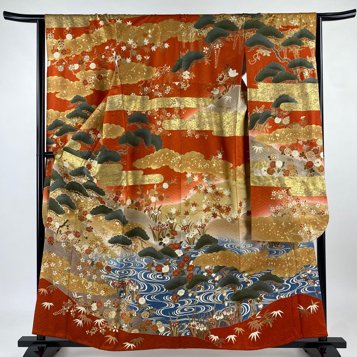 振袖 身長158-173cm 黄 矢絣 牡丹 松竹梅 正絹 振袖 身丈168cm 裄丈69.5cm L 袷 御所車 松竹梅 金彩 ぼかし