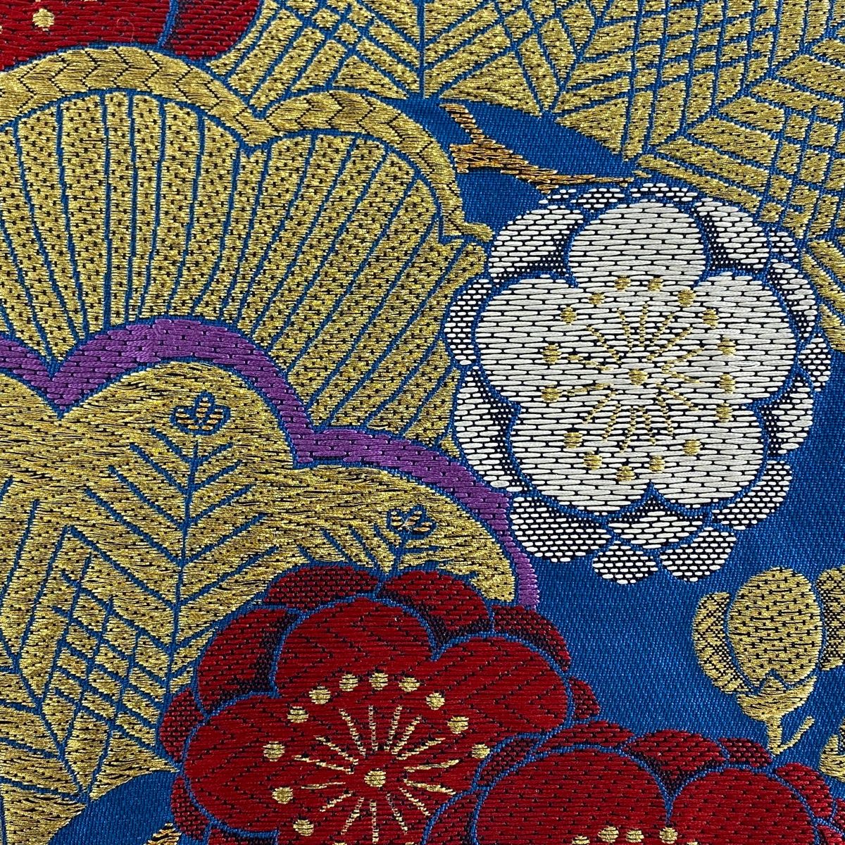 袋帯 美品 秀品 振袖向き 笠松 梅 金糸 青 六通 正絹 【中古