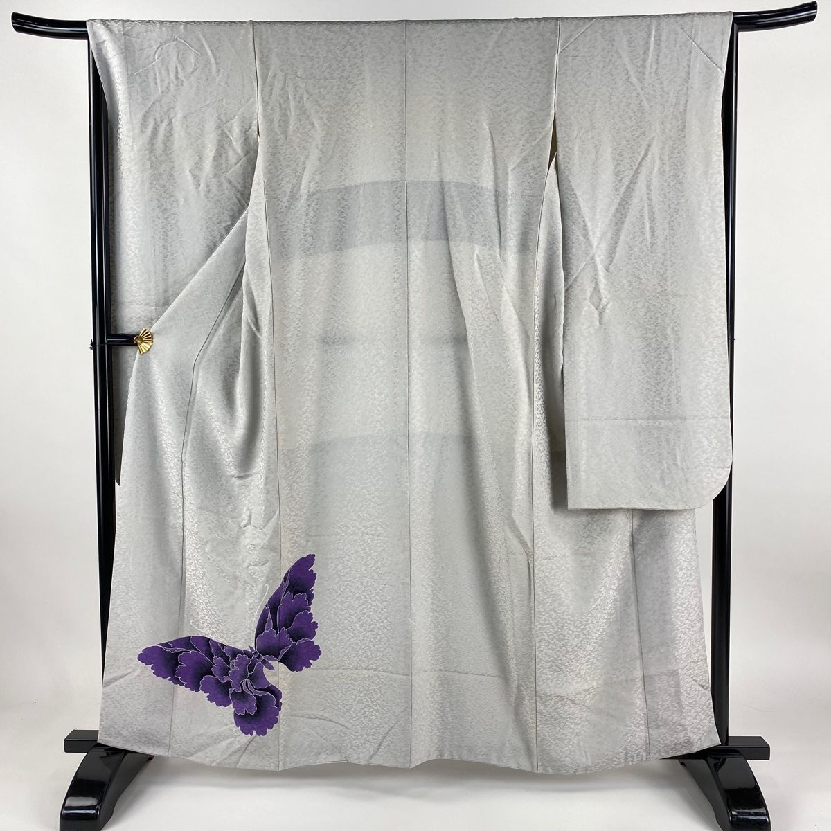 振袖 身丈157.5cm 裄丈67cm M 袷 蝶 花 灰色 正絹 名品