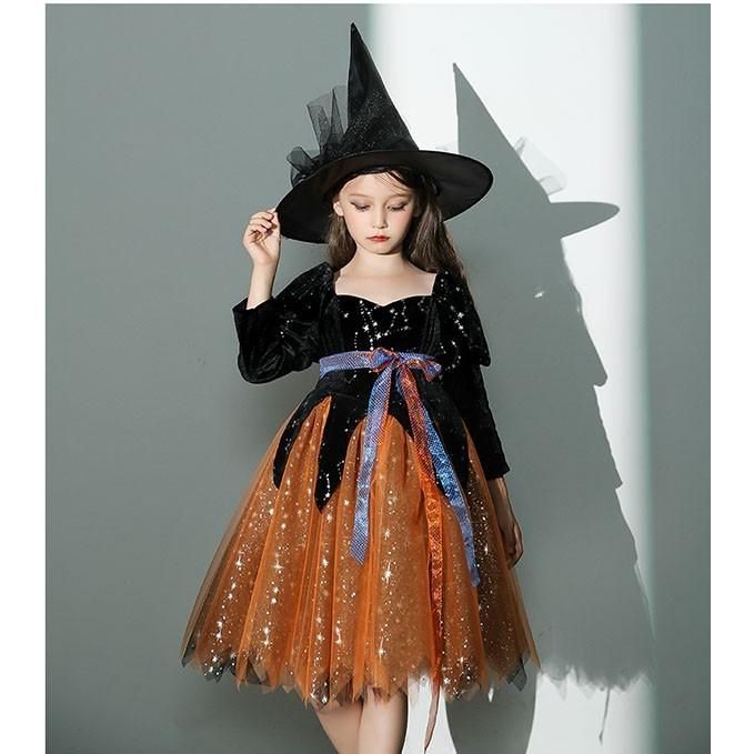 コスプレ 衣装 キッズ ハロウィン 魔女 ウィッチ 女の子 ワンピース パフスリーブ 長袖 帽子 スイートハートネック キラキラ コスチューム USTAUSTRALIA_COM_AU