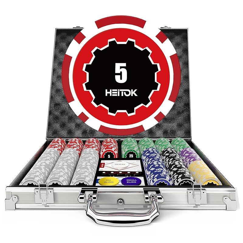 HEITOK ポーカーチップ 500枚 11.5g ポーカーセット ナンバー付き アルミケースセット テキサスホールデム対応 ダイス5個 トランプ2組付き 0