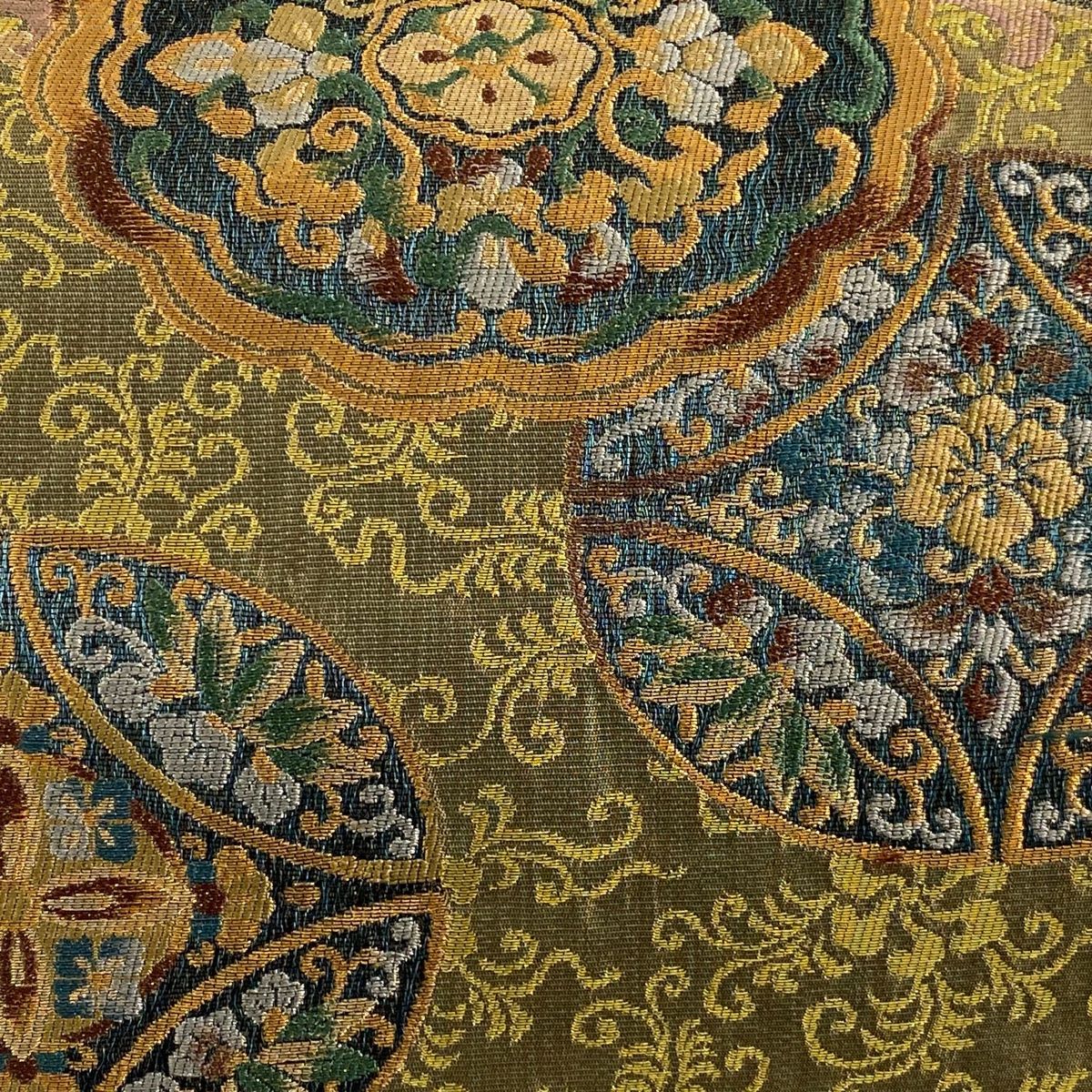 袋帯 秀品 華文 花唐草 金糸 ラメ糸 茶緑色 六通 正絹