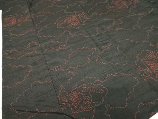 平和屋着物▽上質な紬 単衣 雲重ね御所車文 黒色 正絹 逸品