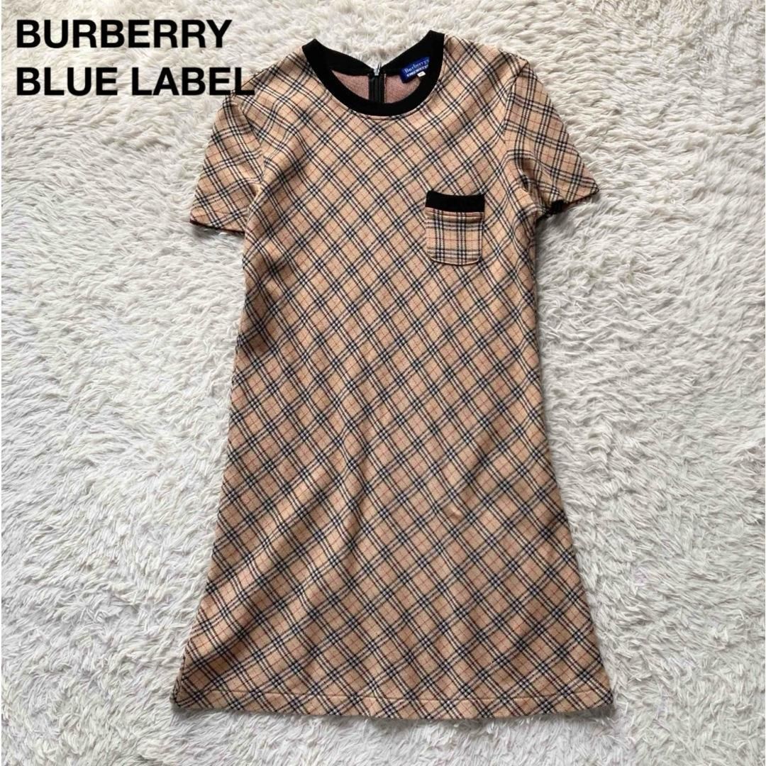 BURBERRY BLUE LABEL バーバリーブルーレーベル ヴィンテージ ビンテージ Y2K リバイバル アイコン ノバチェック コットンニット ひざ上 ミニ ワンピース 半袖 胸ポケット ベージュ Mサイズ