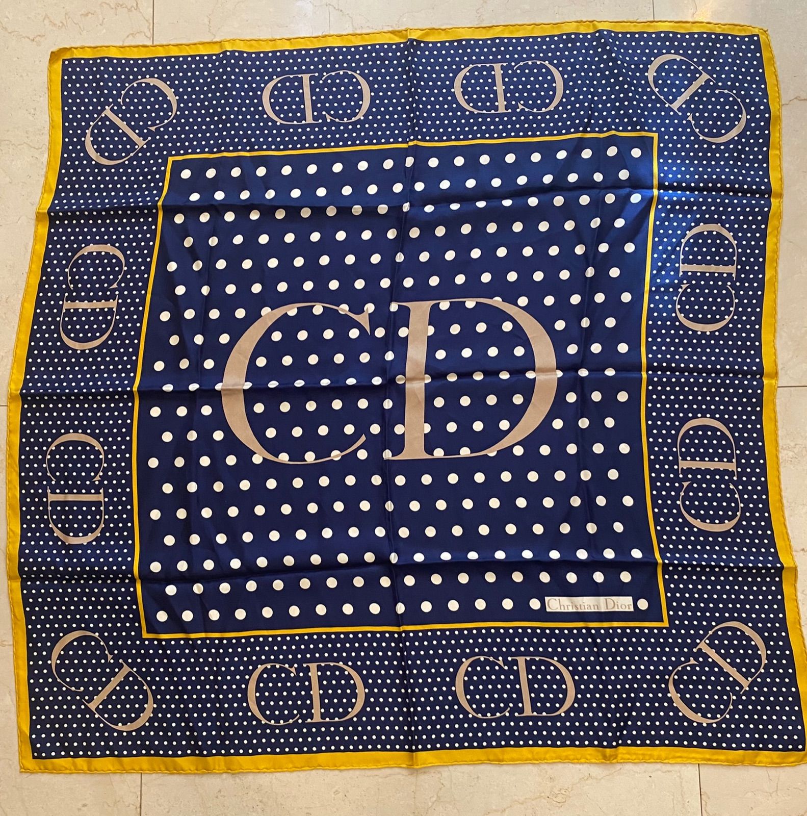 Christian Dior ディオール シルク スカーフ ブルー イエロー 
