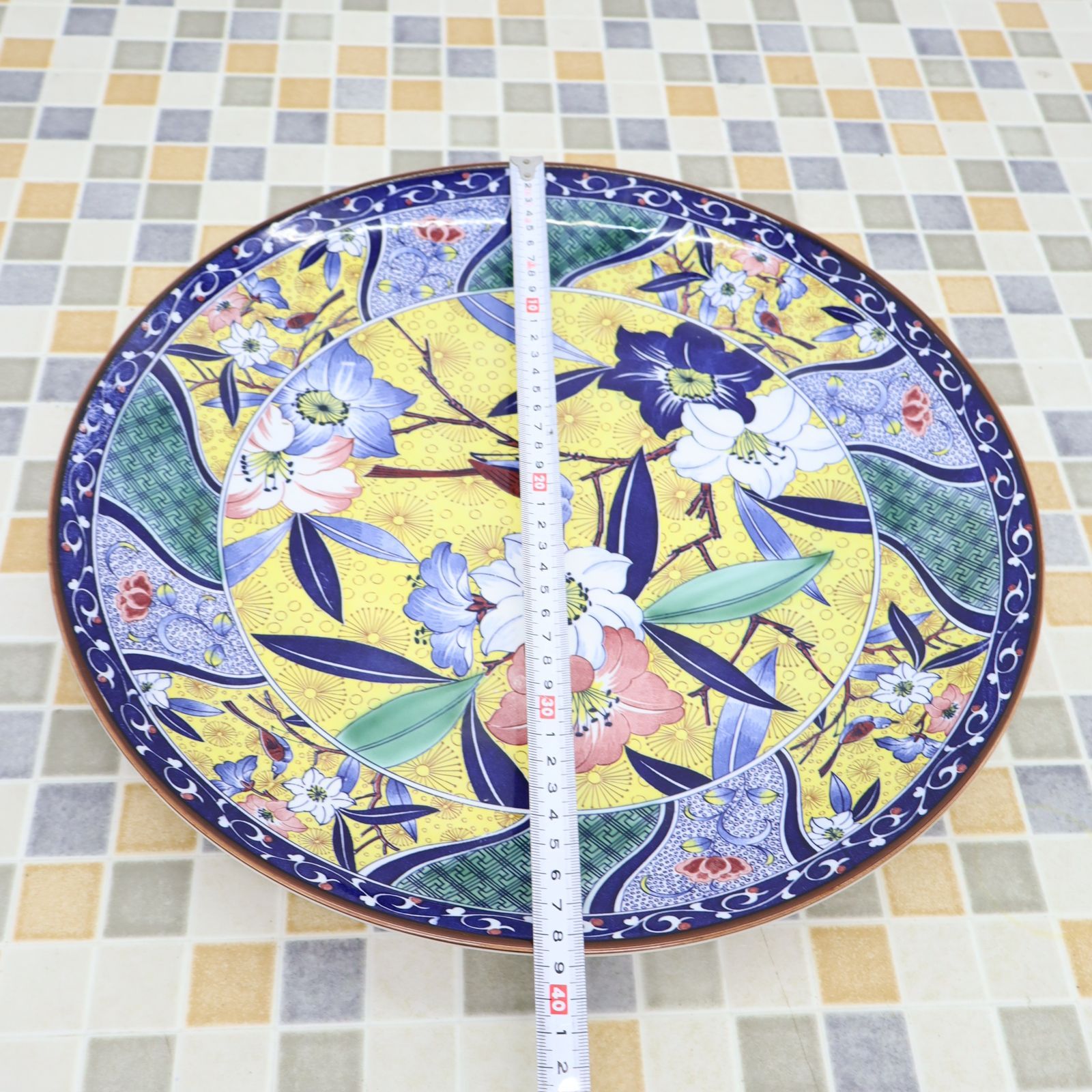 骨董品　大皿　花鳥絵 幕末〜明治 色絵 花鳥図 捻り紋 飾り皿 大皿 灯