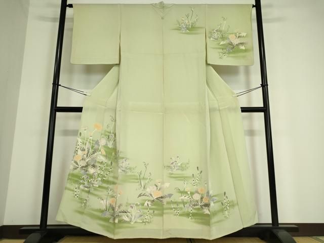 平和屋着物▽訪問着　単衣　草花文　金彩　鬼しぼ縮緬　正絹　逸品　DAAV5215az 平和屋着物▽訪問着 単衣 草花文 金彩 鬼しぼ縮緬 正絹 逸品