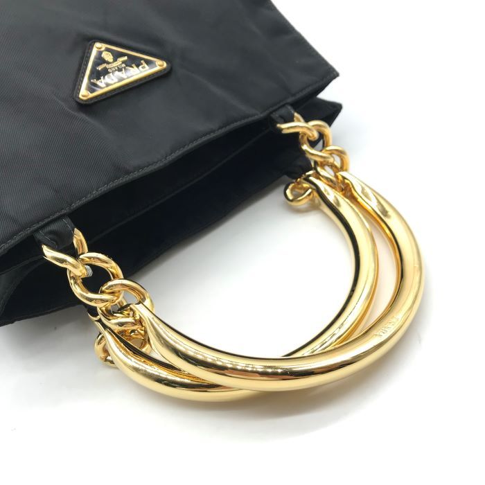 良品 PRADA プラダ 三角ロゴ プレート ナイロン チェーン ハンド